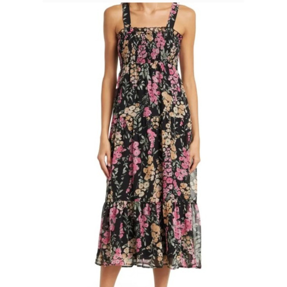 Sam Edelman Dresses & Skirts - Sam Edeleman Black Floral Smocked Tiered Hem Coquette Midi Chiffon Sundress SZ 0